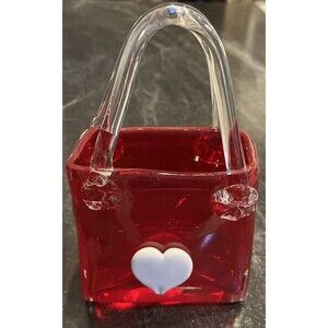 Handmade Red Art Glass Basket/Purse White Heart Clear Handles Valentines